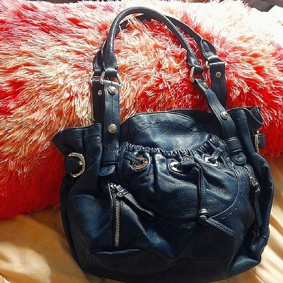 B Makowski Vintage Hobo Cinched Bucket Large Shoulder Bag Navy Calf Leather - Picture 1 of 7